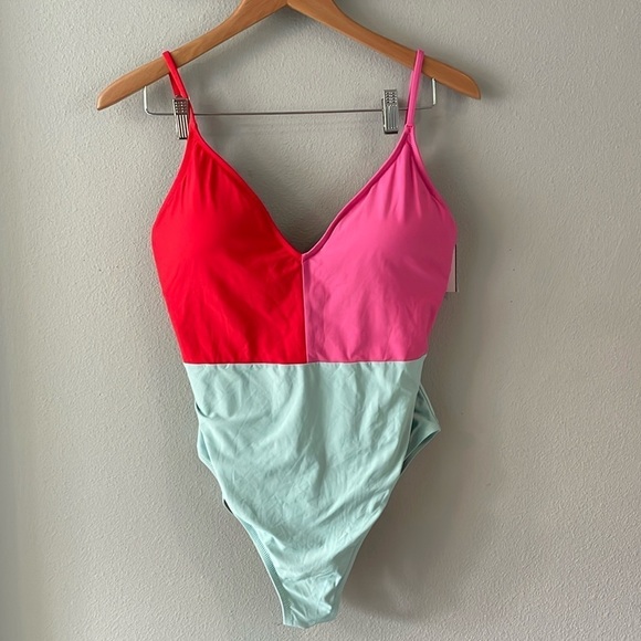 J Crew Strappy Colorblock One Piece Swimsuit Cerise, Hot Pink and Red size 14 - Picture 2 of 5